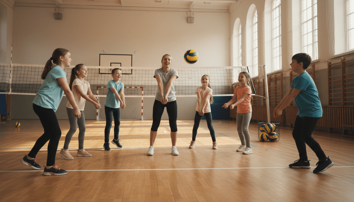 Children in a school gym practicing beginner volleyball with a coach