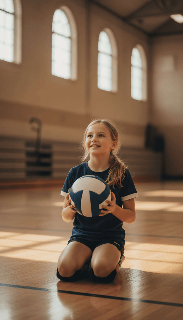 Young volleyball player kneeling on gym floor holding a ball