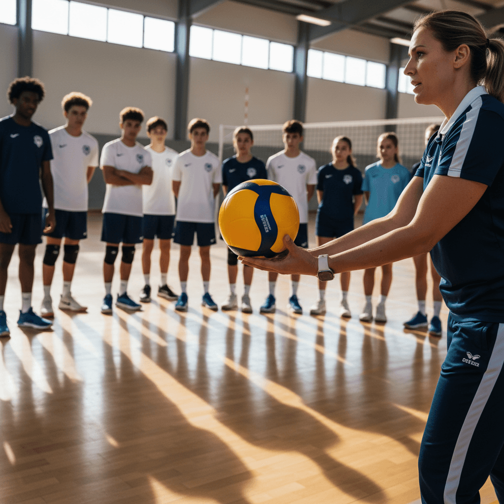 Coach demonstrating a serve to young volleyball players