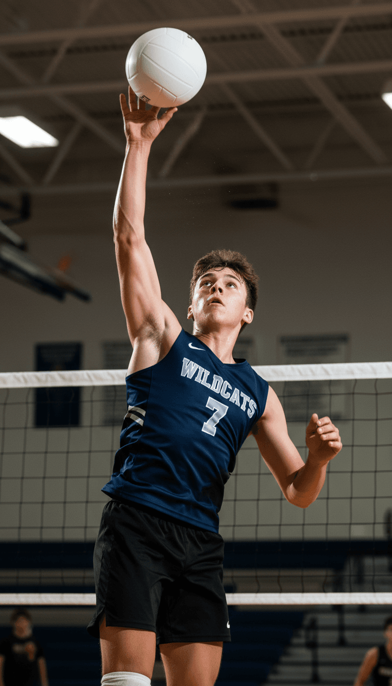 Young player jumping to hit a volleyball