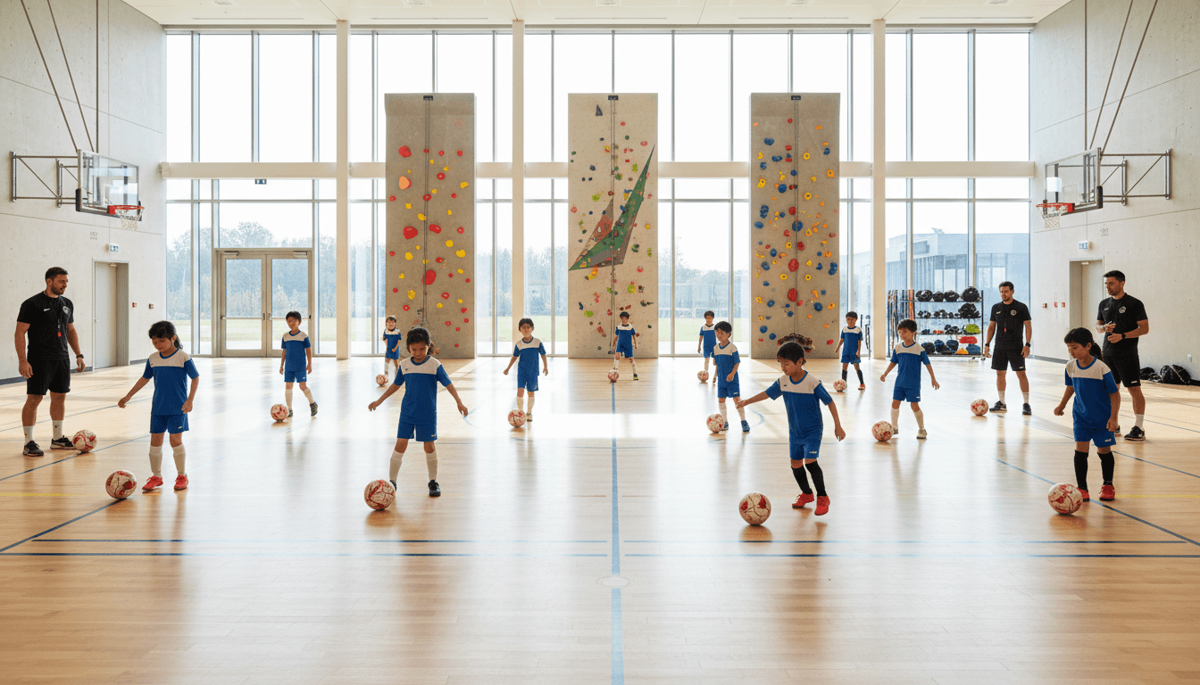Children practicing beginner volleyball in a bright school gym