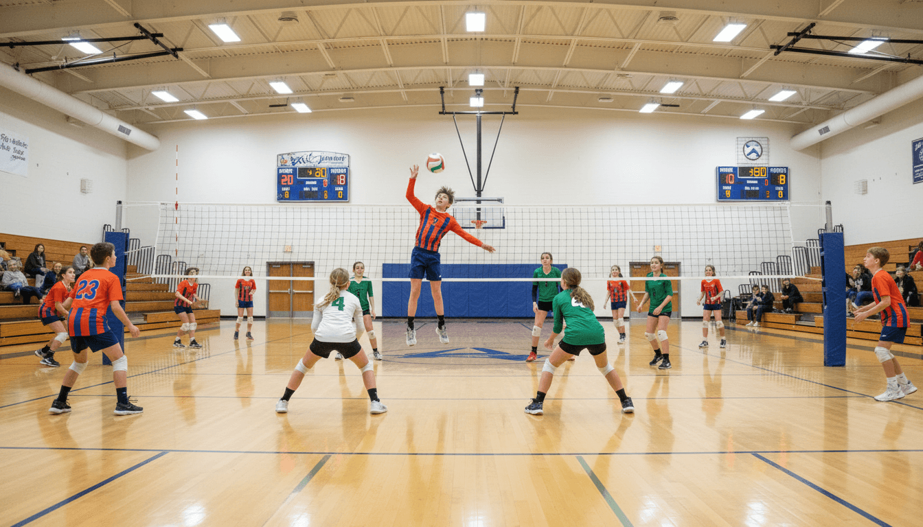Kids playing volleyball during a beginner practice session