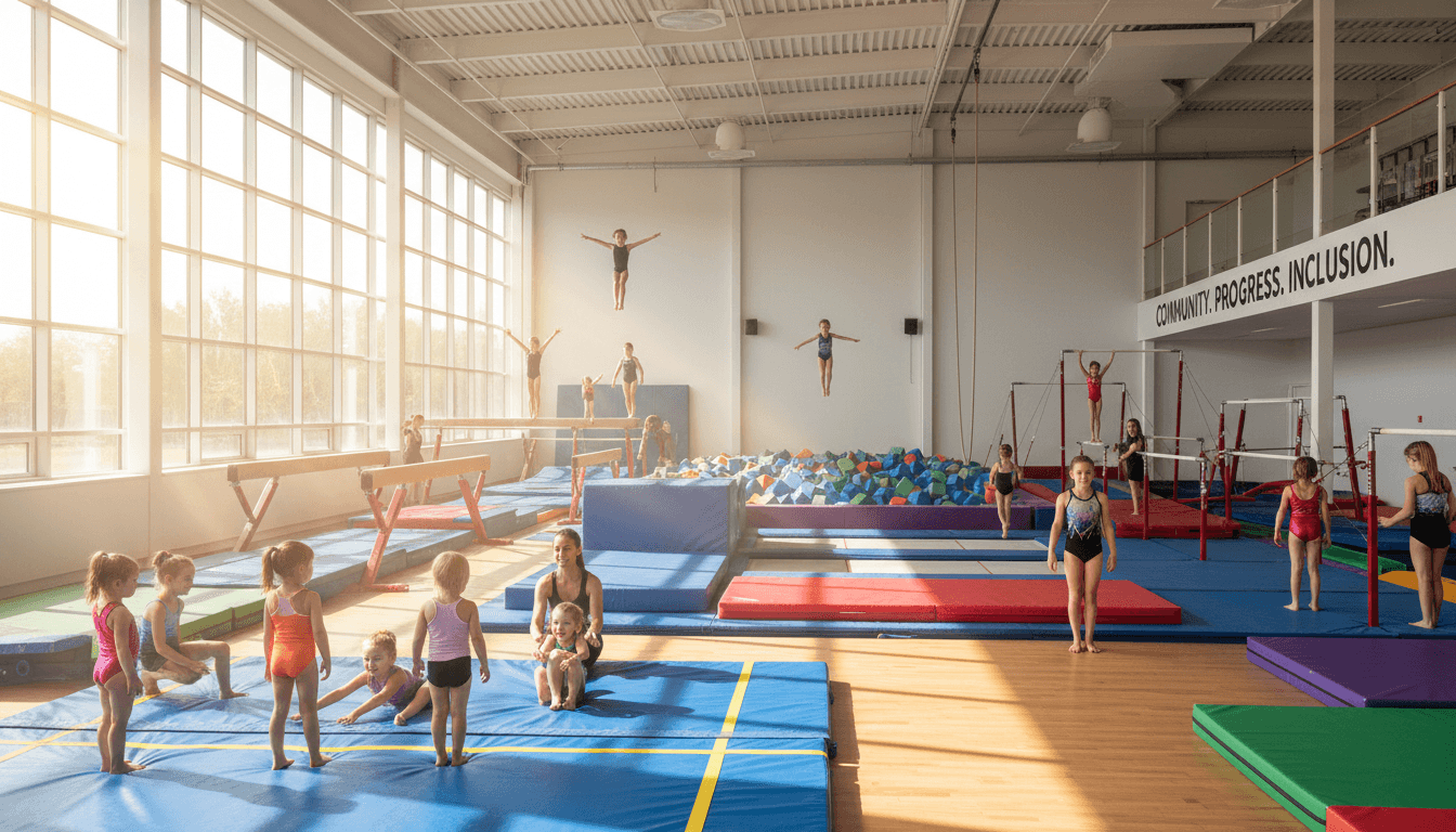 Group of children sitting in a circle with their coach in a bright gymnasium